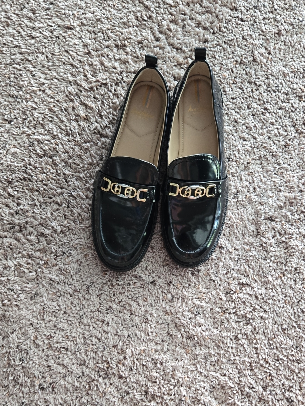 Sam Edelman Black Patent Loafers with Gold Hardware